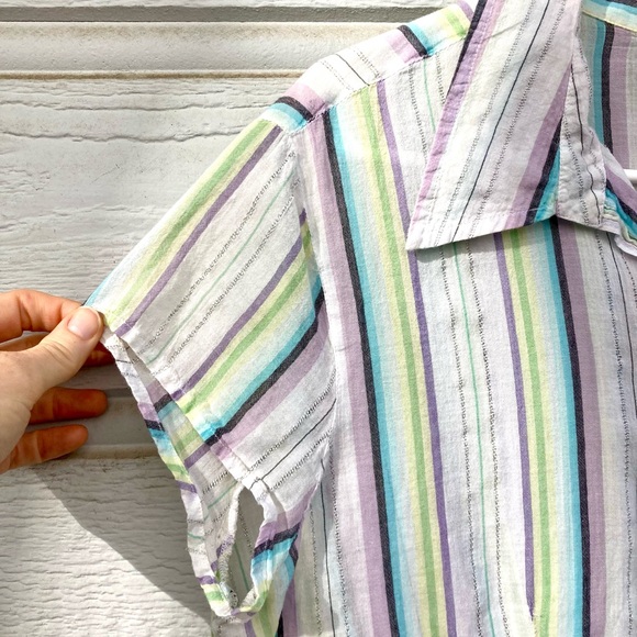 New York & Co Metallic Sheer Striped Short Sleeve Button Shirt Lavender … - Picture 7 of 8